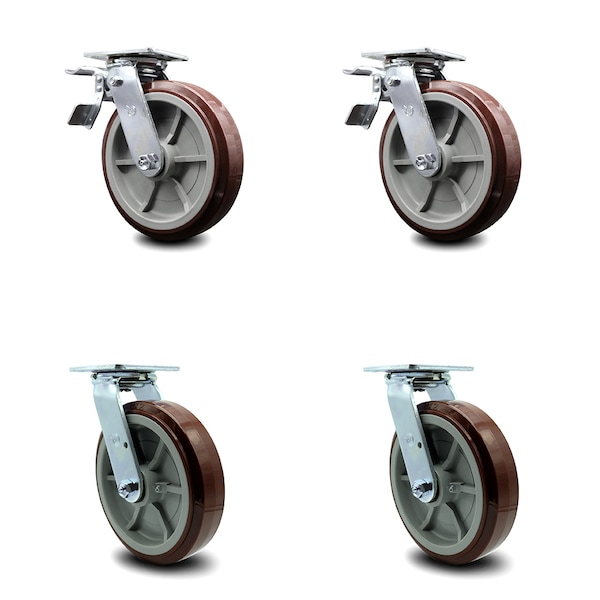 8 Inch Polyurethane Swivel Caster Set with Ball Bearing 2 Total Lock Brake SCC